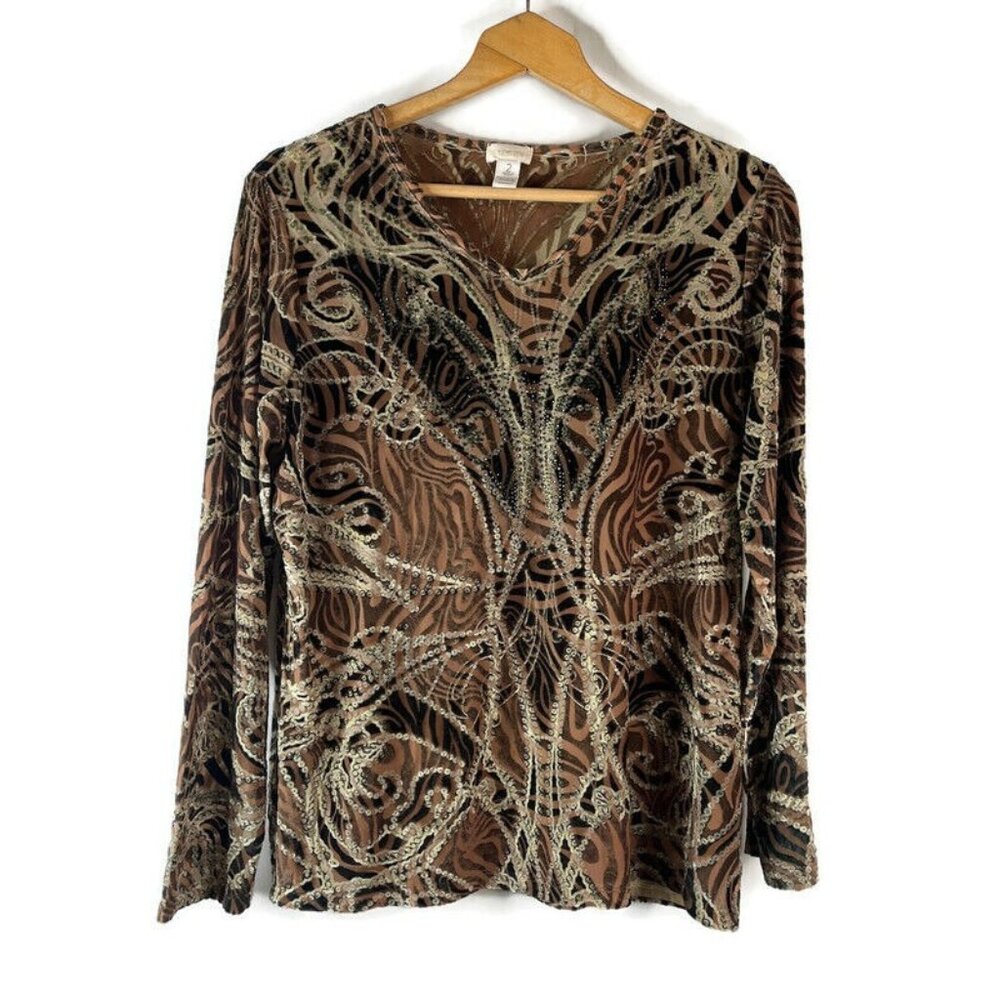 Chico's Womens Blouse Top Size Large Velvet Burnout Animal Print Rhinestone